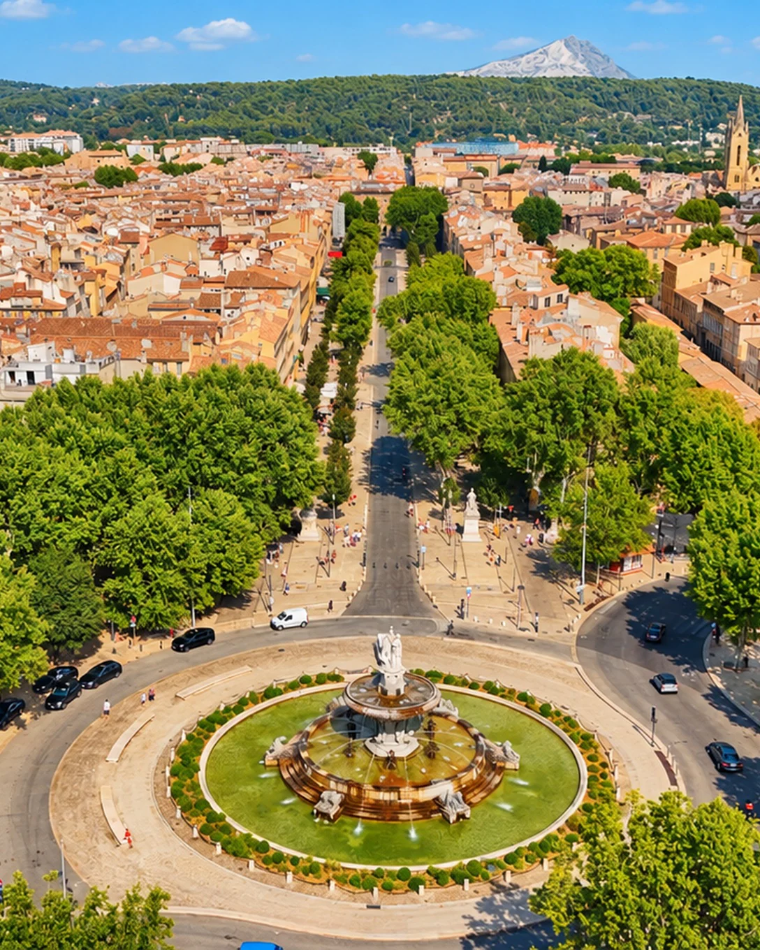 Aix-en-Provence from above: the Rotonde fountain, the Cours Mirabeau lined with plane trees and Mont Sainte-Victoire in the distance