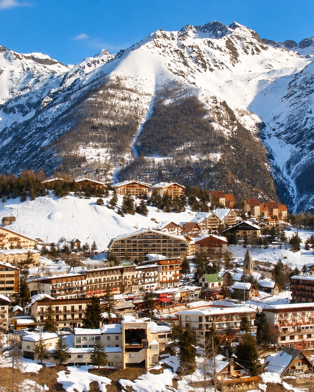 The Auron plateau and its chalets under snow, below the peaks