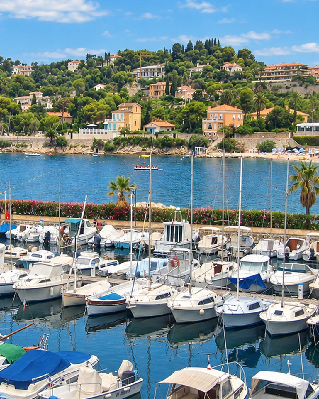 Le port de Beaulieu-sur-Mer et sa plage, les maisons sur la colline