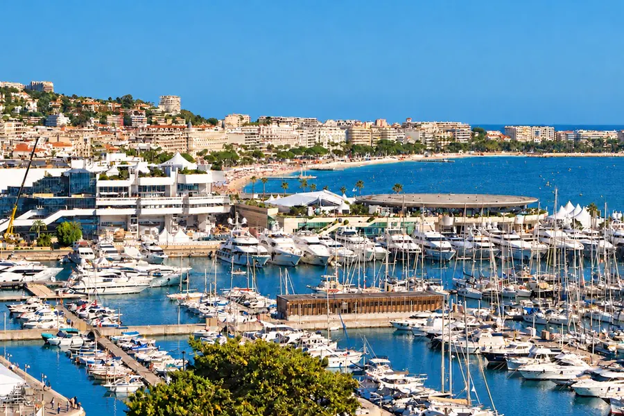 Vue sur les ports de plaisance et le Palais des Festivals de Cannes, avec la Croisette qui longe la baie en arrière-plan