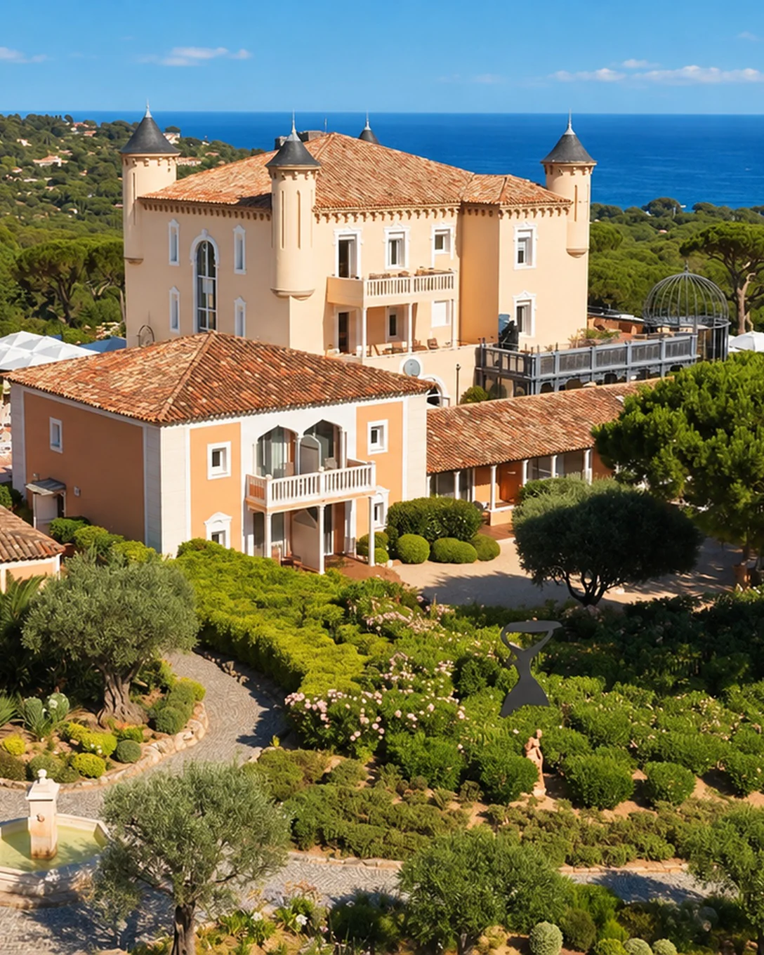 Le Château de la Messardière vu du ciel, ses tourelles, ses jardins et sa piscine parmi les pins, la mer au loin