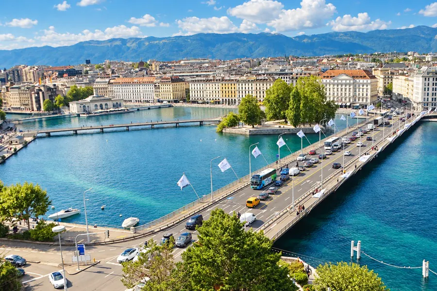 The Mont-Blanc Bridge and Rousseau Island, where the Rhône leaves Lake Geneva