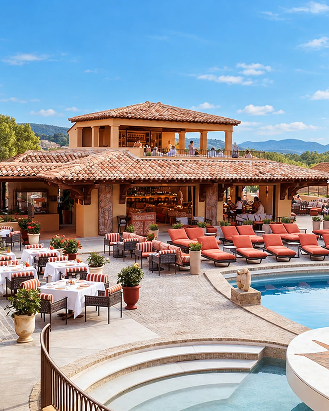 La piscine du Byblos, ses transats et la terrasse du restaurant sous les pins, au cœur de Saint-Tropez
