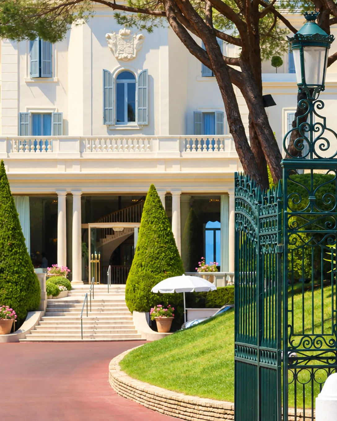 La façade blanche de l’Hôtel du Cap-Eden-Roc et son entrée sous les pins, au Cap d’Antibes