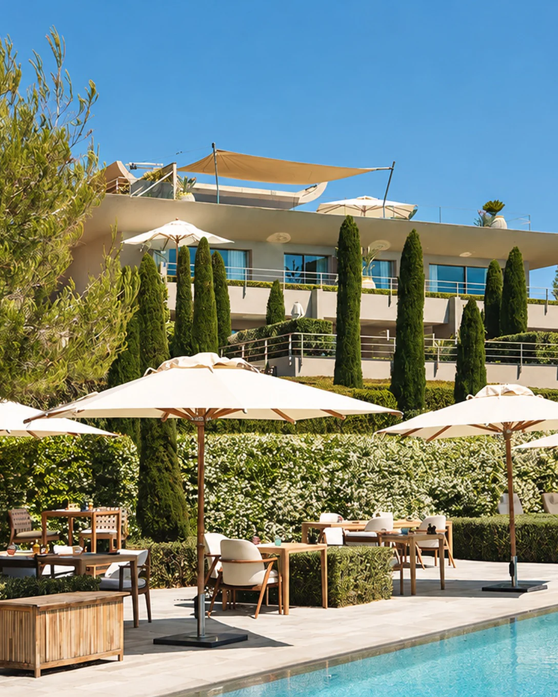 La Réserve Ramatuelle, l’hôtel blanc parmi les cyprès, sa piscine et ses parasols sous les pins