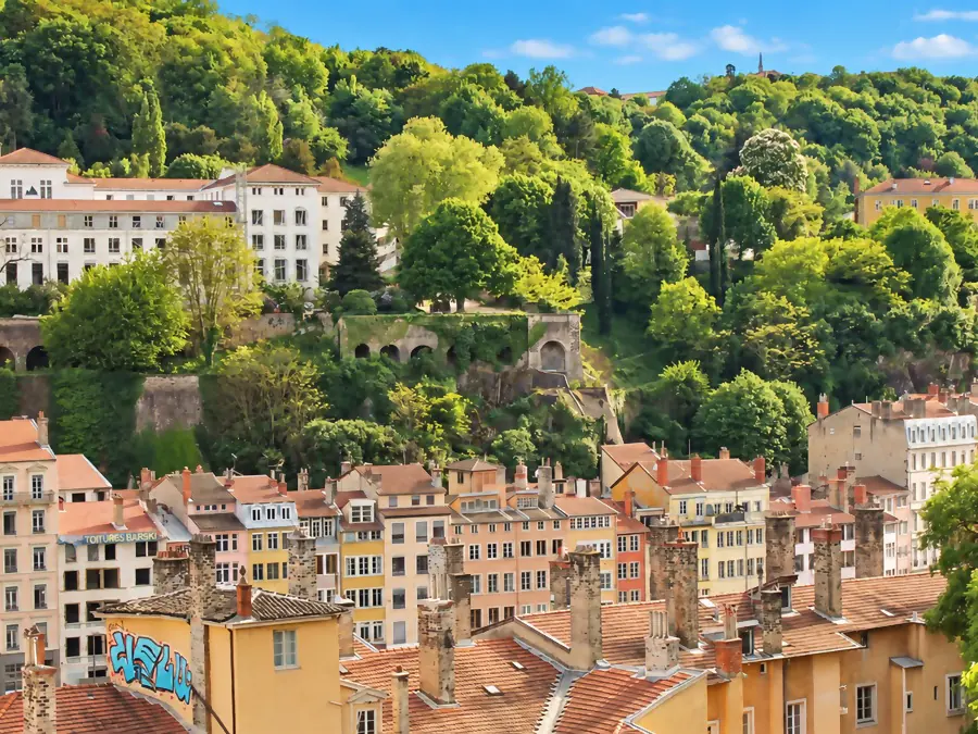 The colorful facades of Vieux Lyon below Fourvière hill