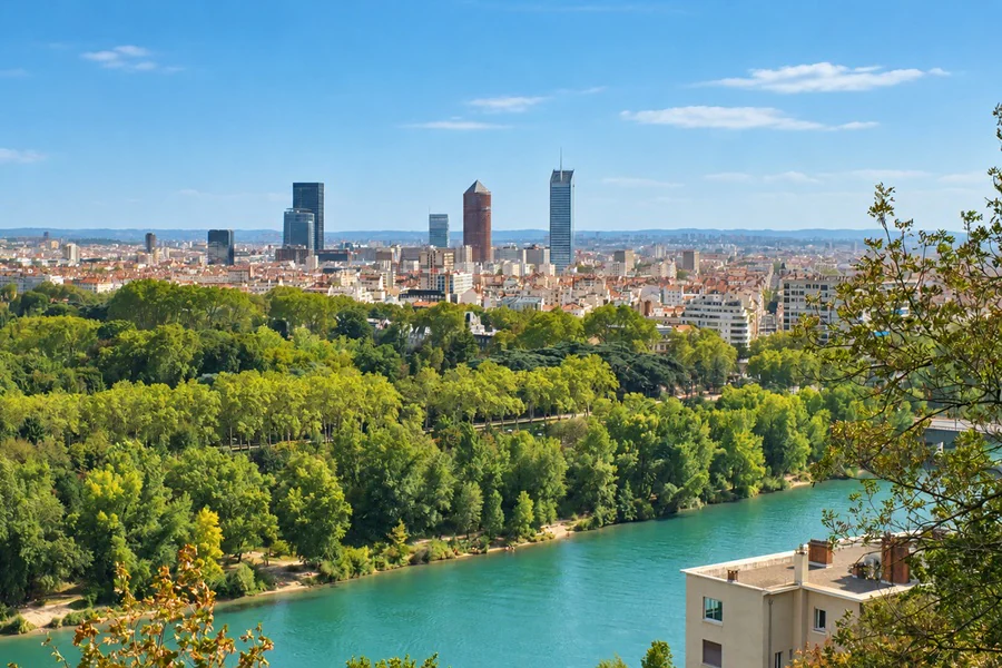 The Rhône and the Parc de la Tête d’Or, with the Part-Dieu towers on the horizon
