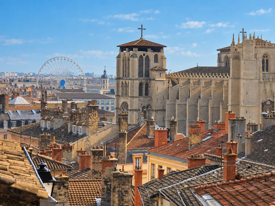 The rooftops of Vieux Lyon and a Ferris wheel