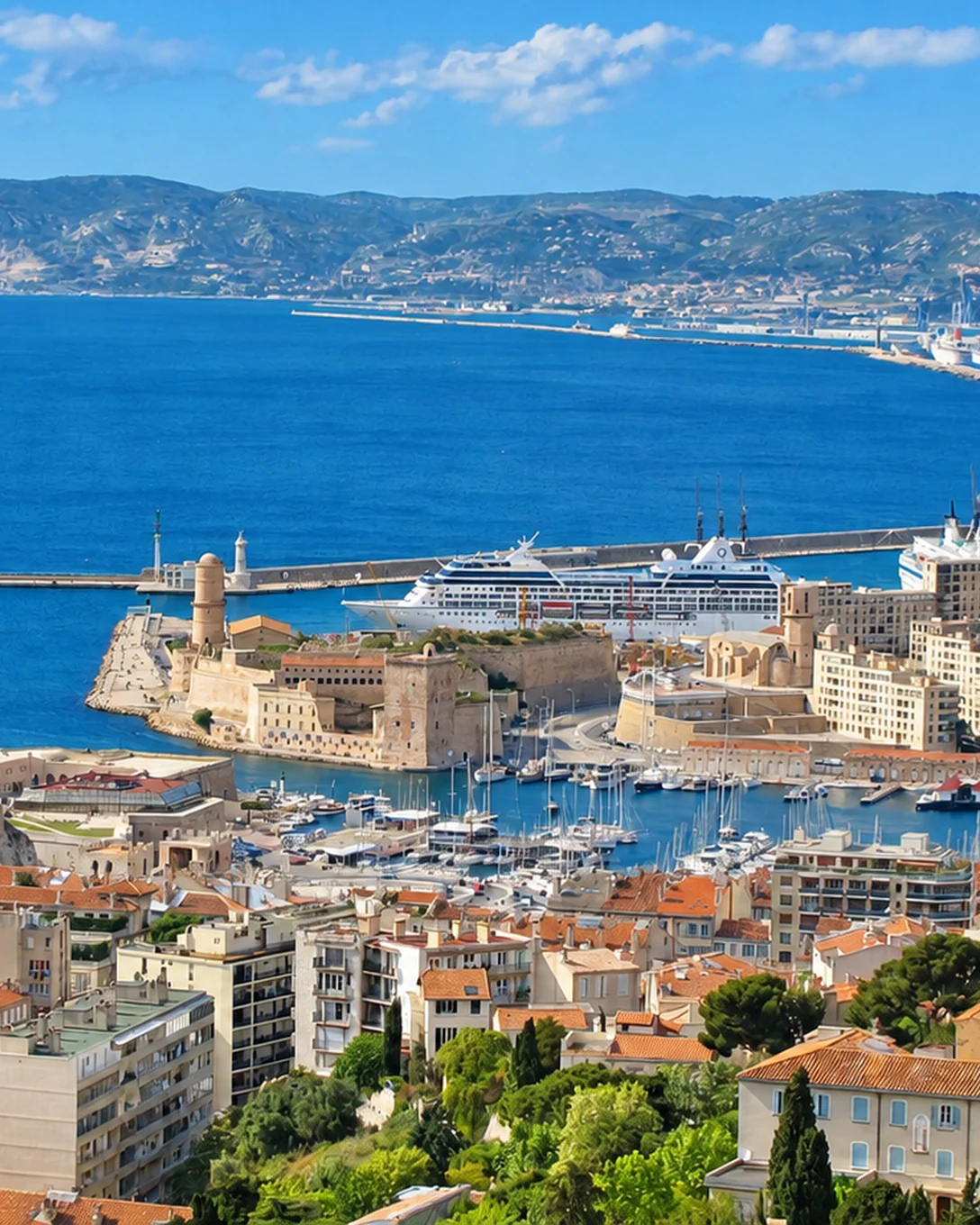 Marseille’s Old Port and Fort Saint-Jean seen from Notre-Dame de la Garde, a cruise ship at the quay and the bay beyond