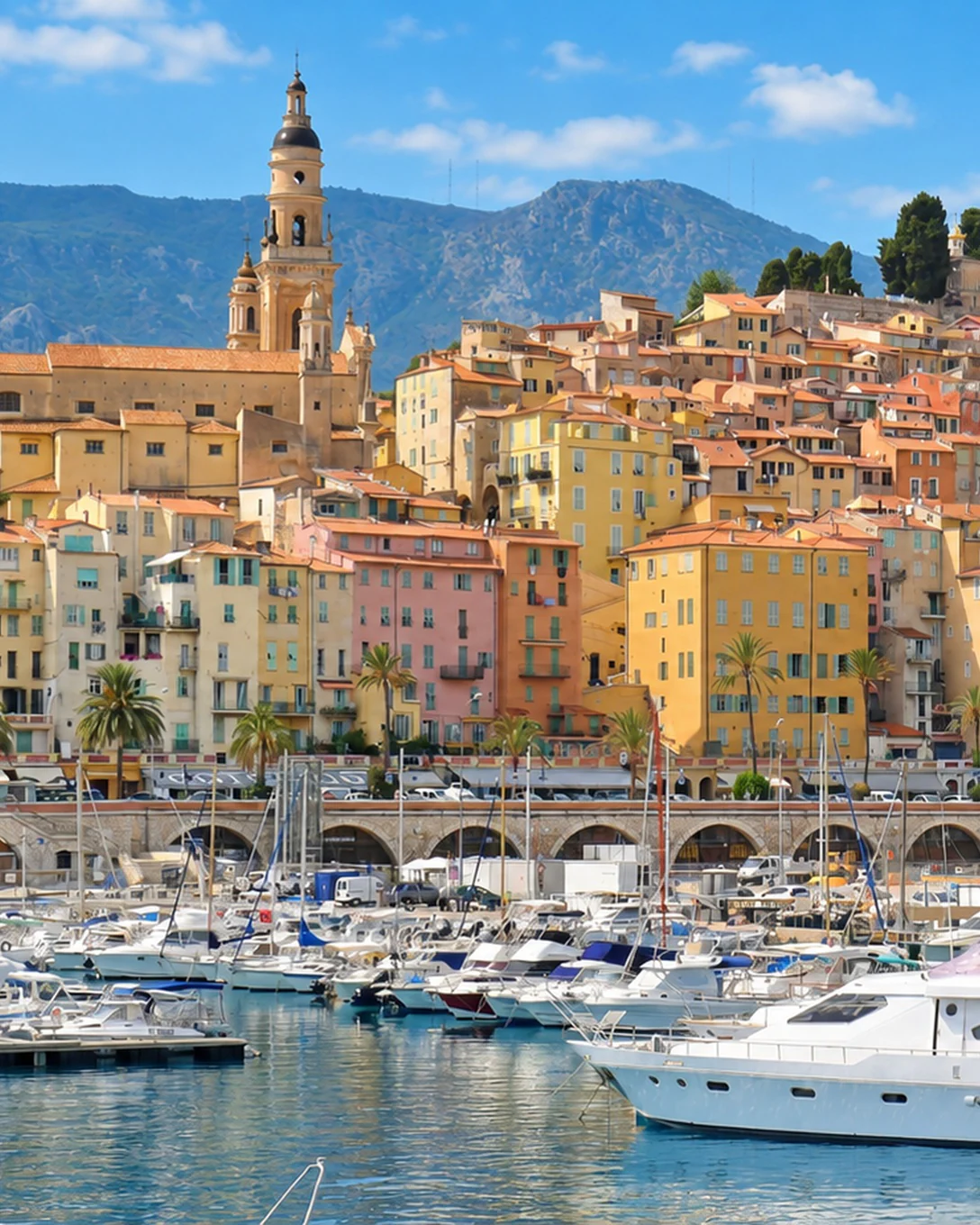 Menton’s old town, its colorful facades and the bell tower of the Saint-Michel Basilica above the harbor