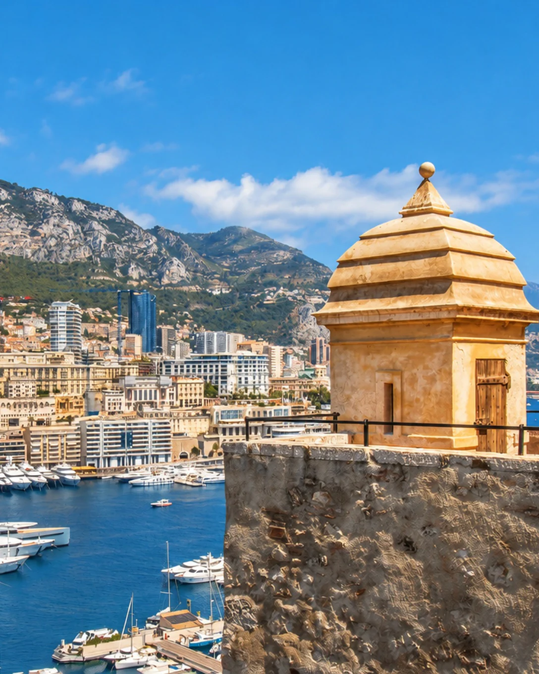 Port Hercules and the buildings of Monte Carlo seen from the ramparts of the Rock, a stone sentry box in the foreground