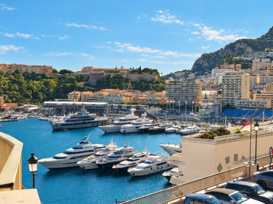 Yachts moored in Port Hercule in Monaco, between the Rock and the buildings of Monte Carlo
