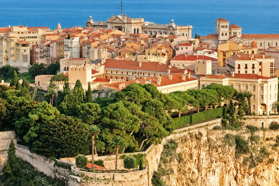 The Rock of Monaco, its ramparts, gardens and old town above the sea