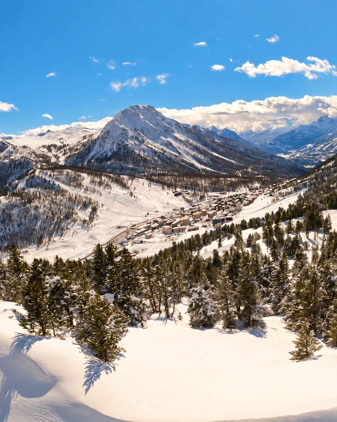 The village of Montgenèvre in its pass, among snowy firs and peaks, under a blue winter sky