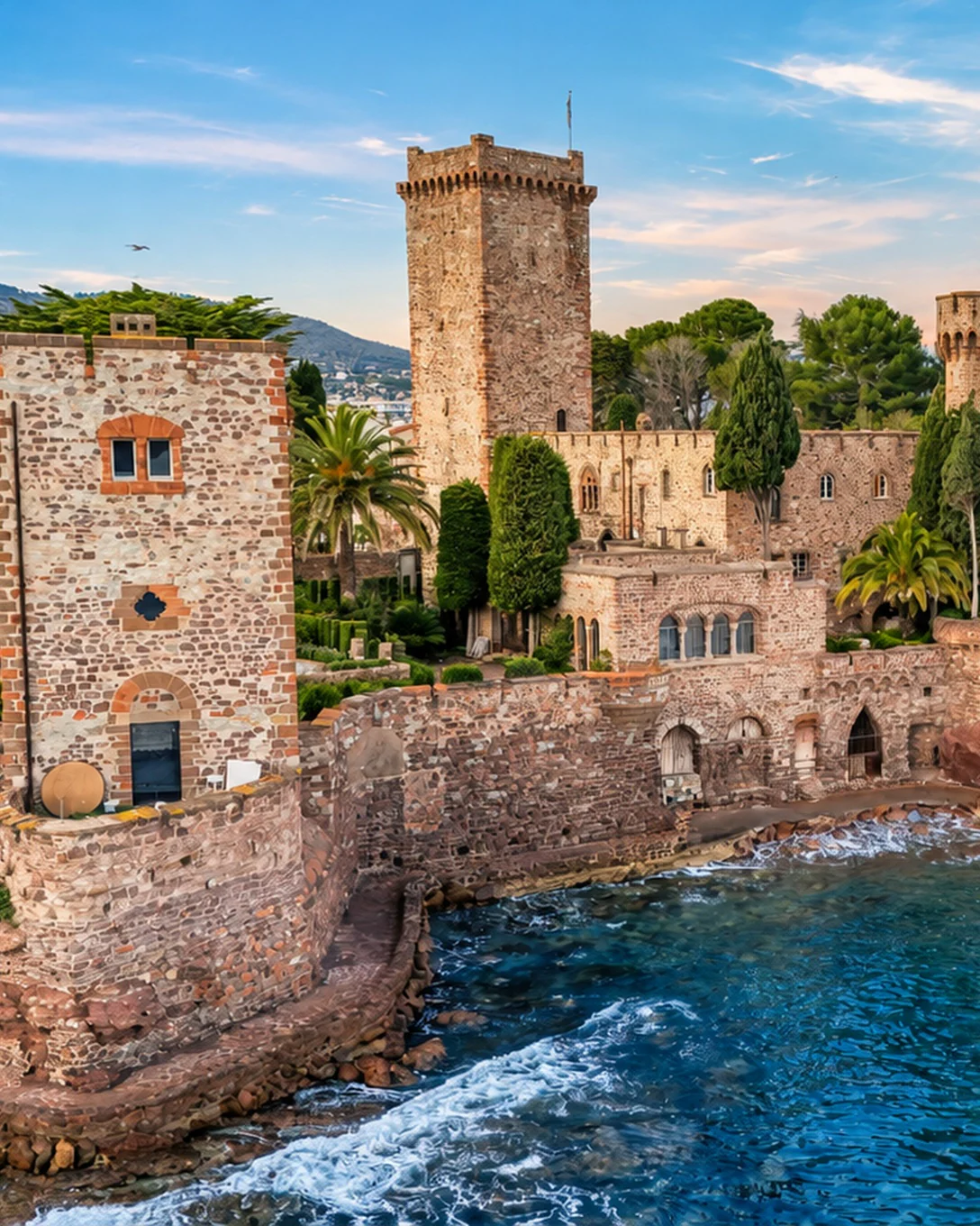 Le château de la Napoule et ses tours au bord de la mer, le port derrière