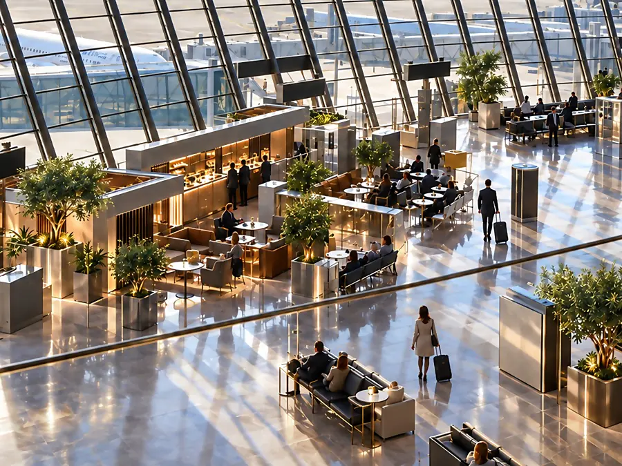 Hall d’enregistrement de l’aéroport de Nice Côte d’Azur, avec comptoirs et écrans d’information