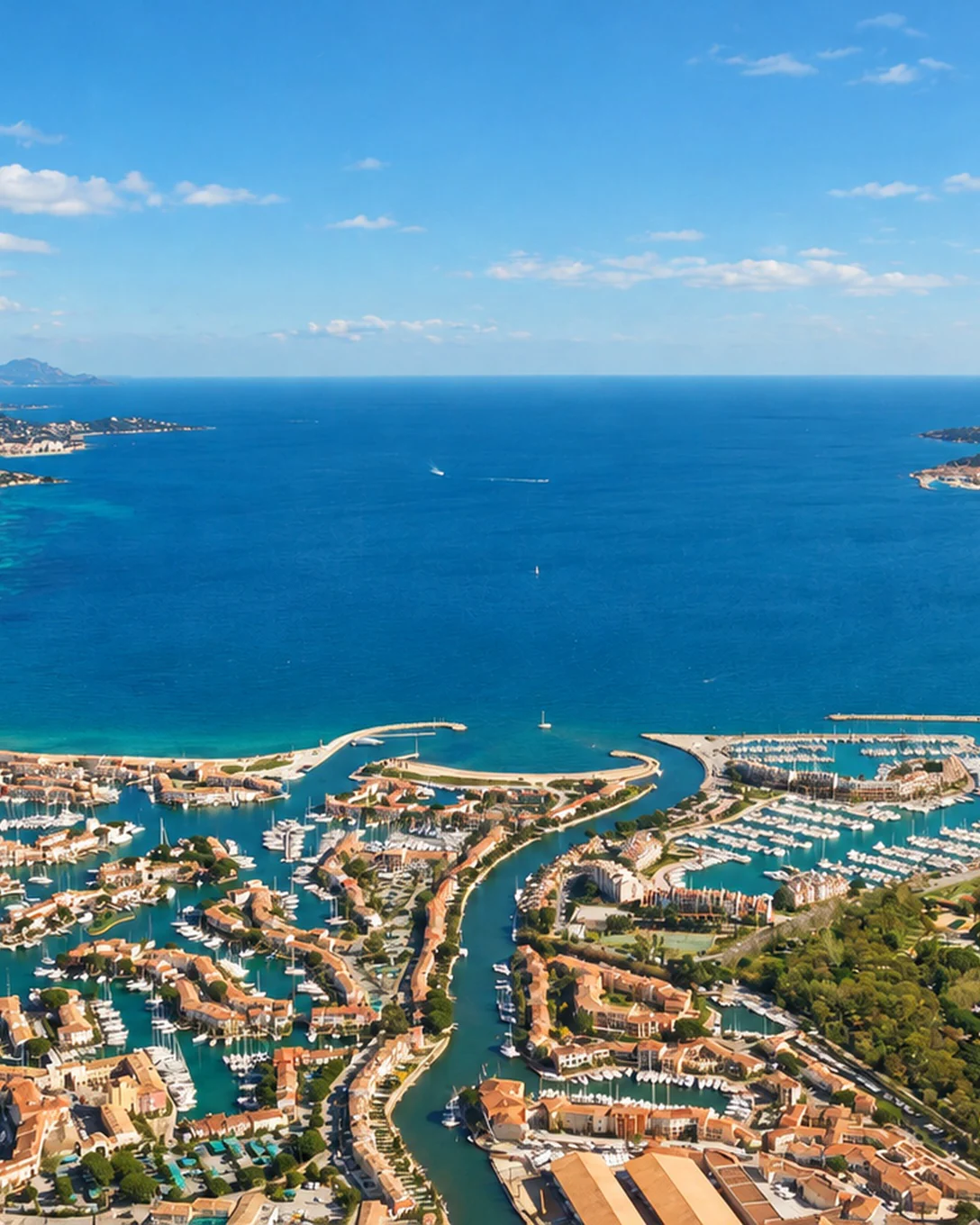 Port Grimaud vu du ciel, ses canaux et ses bateaux, avec tout le golfe de Saint-Tropez au fond