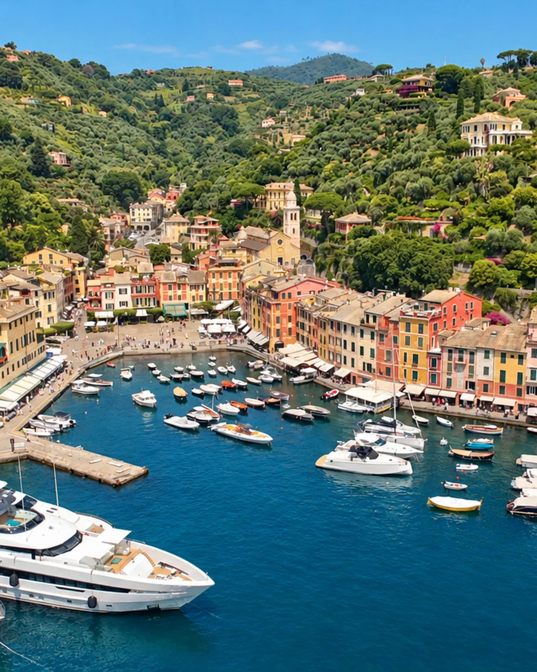 The small harbor of Portofino, its colorful facades and yachts, below the wooded hills