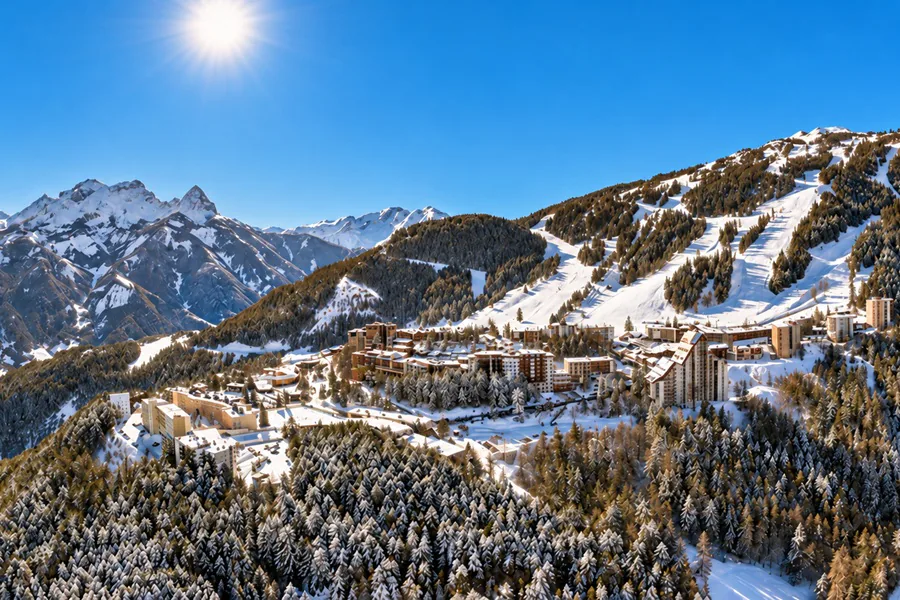 Vue aérienne de la station de Pra-Loup, de ses résidences et de ses pistes au milieu des mélèzes enneigés