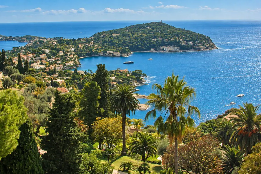 La presqu’île du Cap-Ferrat vue des hauteurs, entre les pins et les palmiers, au-dessus de la mer