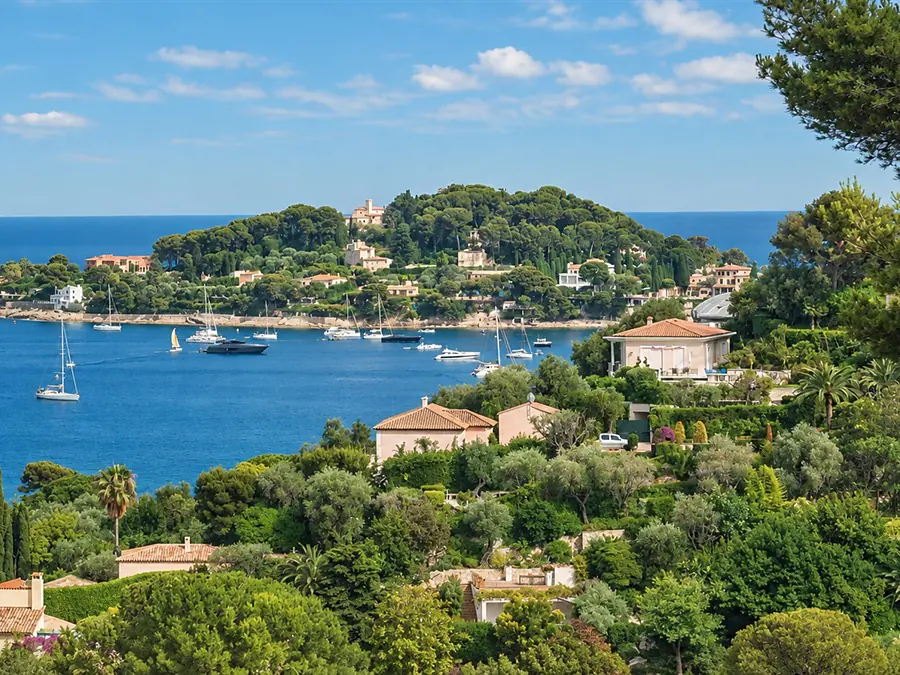 Villas parmi les pins au-dessus de la baie, avec la presqu’île du Cap-Ferrat au loin