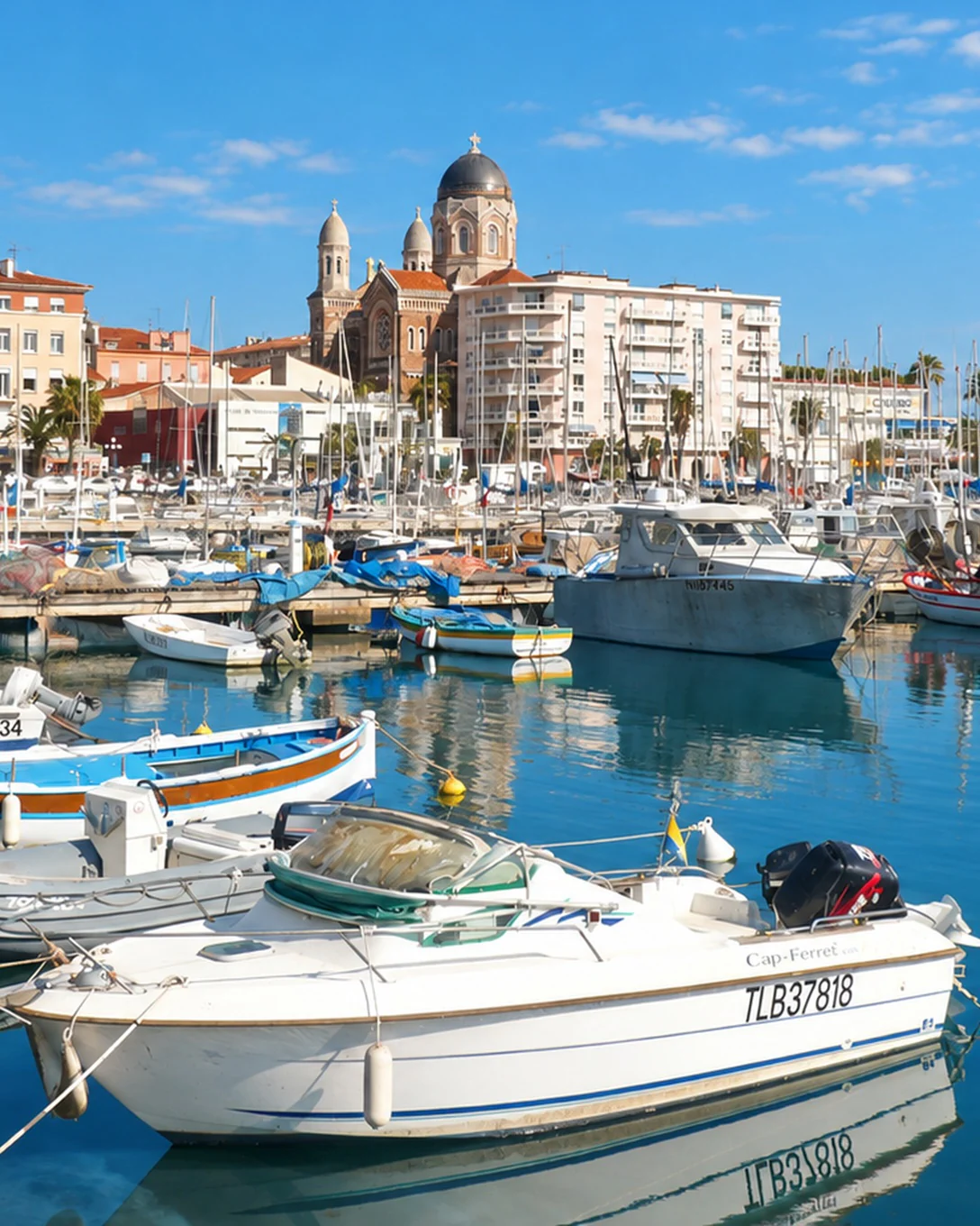 Le Vieux-Port de Saint-Raphaël, ses barques et ses voiliers, sous la coupole de la basilique Notre-Dame-de-la-Victoire