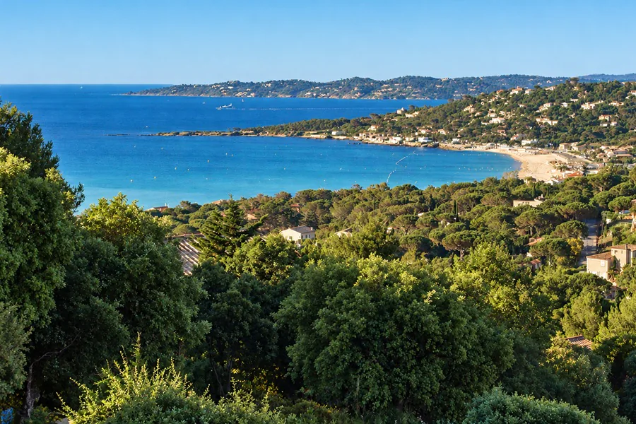 The bay and its sandy beach seen from the hills of Sainte-Maxime, among the pines and the houses