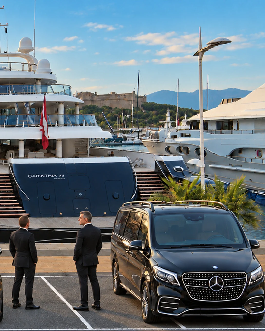 Deux chauffeurs en costume attendent sur le quai près d’un Mercedes-Benz Classe V noir et d’une berline Mercedes-Benz noire, devant des superyachts amarrés, prêts à conduire propriétaires, invités et équipage