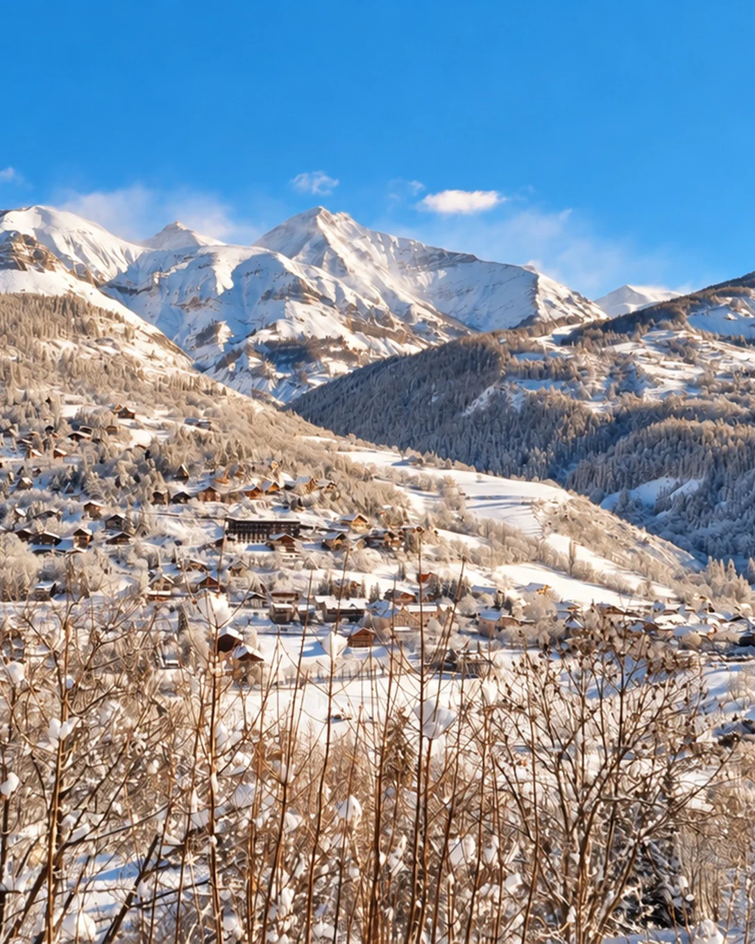 Les chalets du Val d’Allos sous la neige, au pied des sommets, avec un sapin enneigé au premier plan