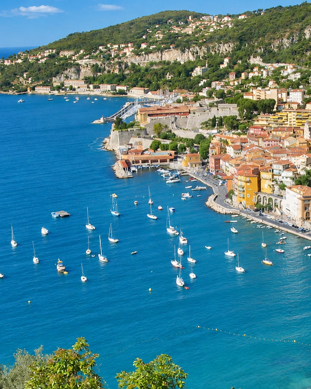 The bay of Villefranche-sur-Mer seen from the heights: the old town, the citadel, the harbor and sailboats at anchor