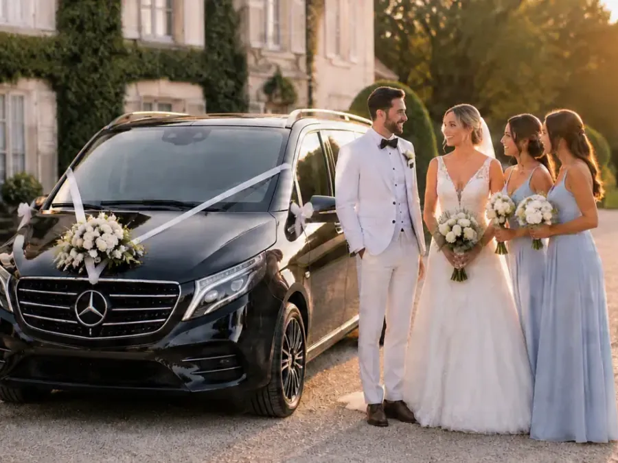 Les mariés et leurs demoiselles d’honneur près d’un Mercedes-Benz Classe V noir décoré de rubans et de fleurs, devant une demeure couverte de lierre