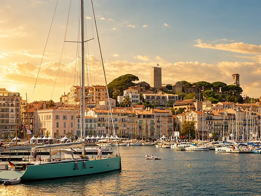 Yachts et voiliers amarrés dans le Vieux Port de Cannes, au pied du quartier du Suquet
