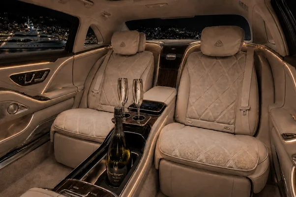 Mercedes-Maybach rear cabin prepared with Champagne for private chauffeur service