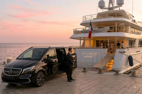 Private chauffeur with Mercedes-Benz V-Class beside a yacht in Monaco