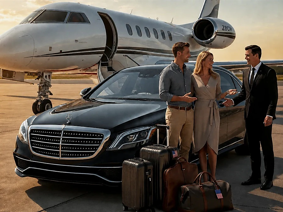 A chauffeur welcomes a couple and their luggage beside a black Mercedes-Benz S-Class and a private jet on the airport apron