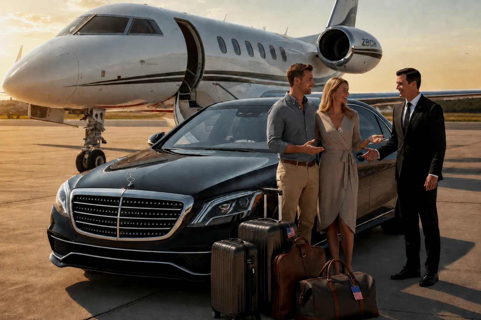 Private aviation chauffeur service beside a private jet and Mercedes-Benz
