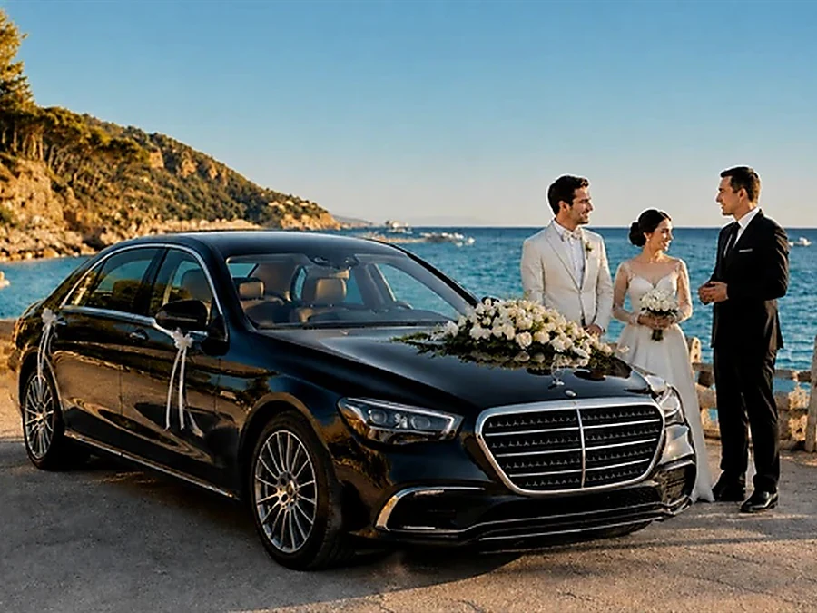 A Mercedes-Benz S-Class decorated with white flowers, with the bride, the groom and their chauffeur beside the sea