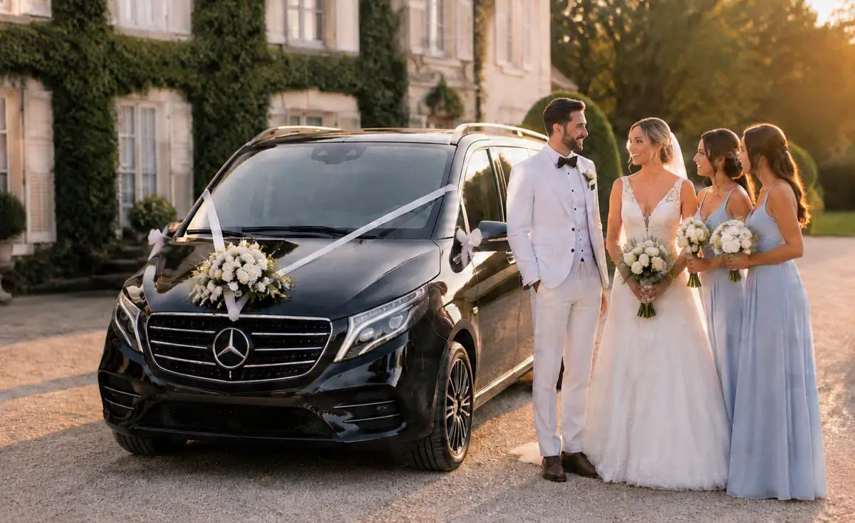 Wedding party beside a decorated black Mercedes-Benz V-Class at a private estate